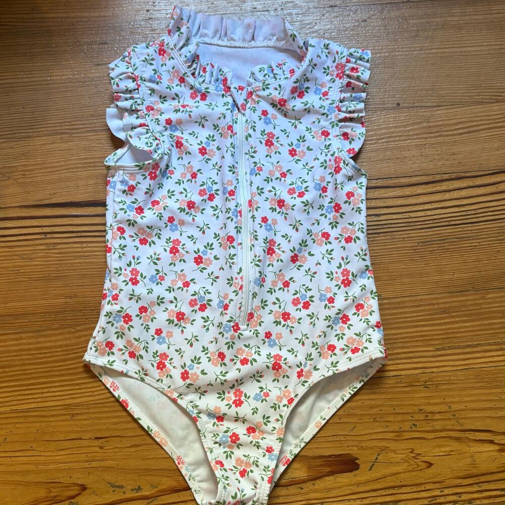 Shein white red pink floral‎ ruffle sleeveless zip front swimsuit SIZE 7